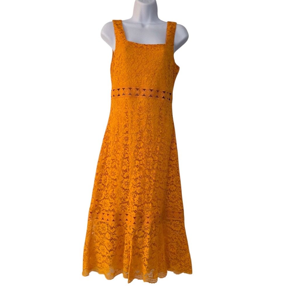 Lulus Square‎ Neck Lace Midi Dress Women's S Cutout Waist Orange Summer Party